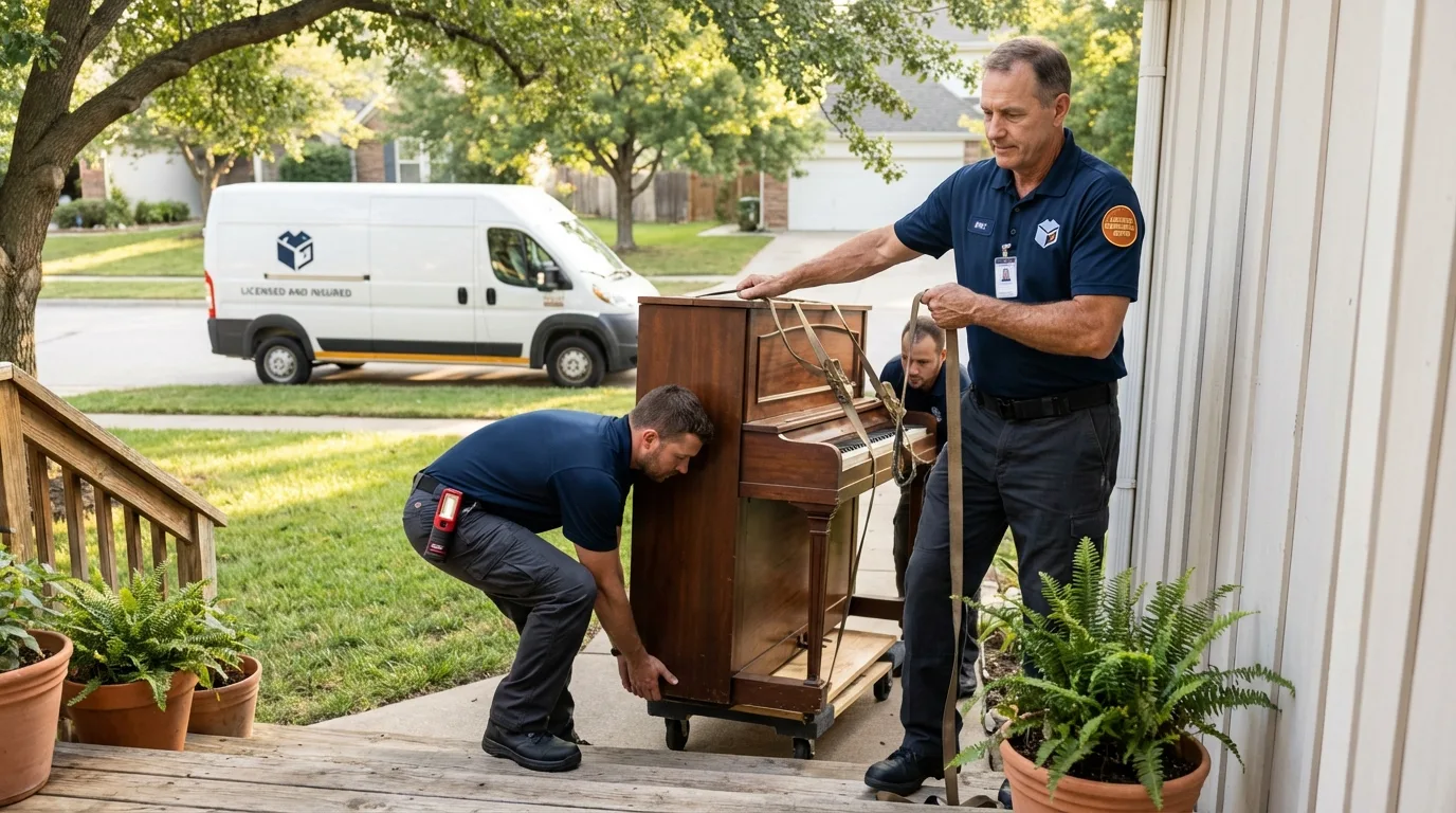 Licensed piano movers securing grand piano in Shepherd, MI