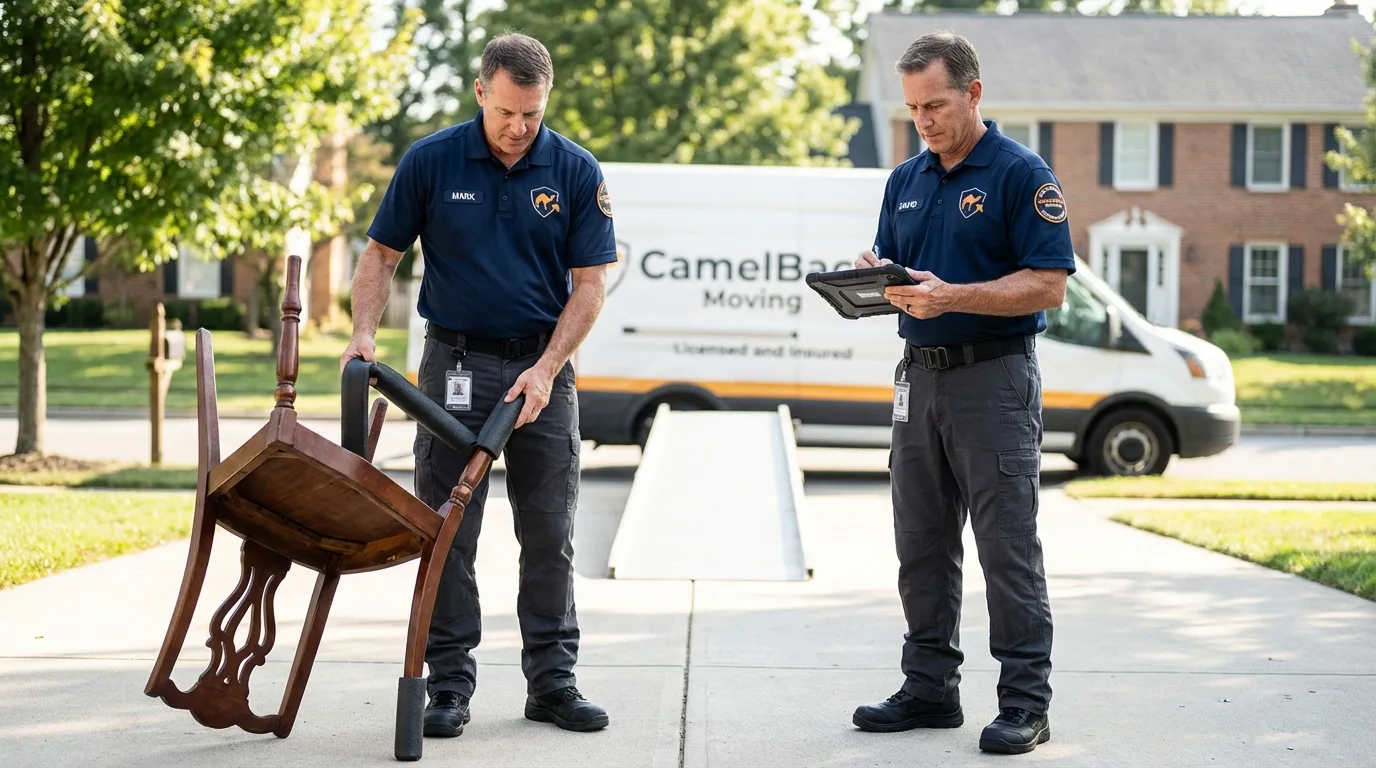 Movers inspecting furniture for damage prevention before loading in Shepherd, MI