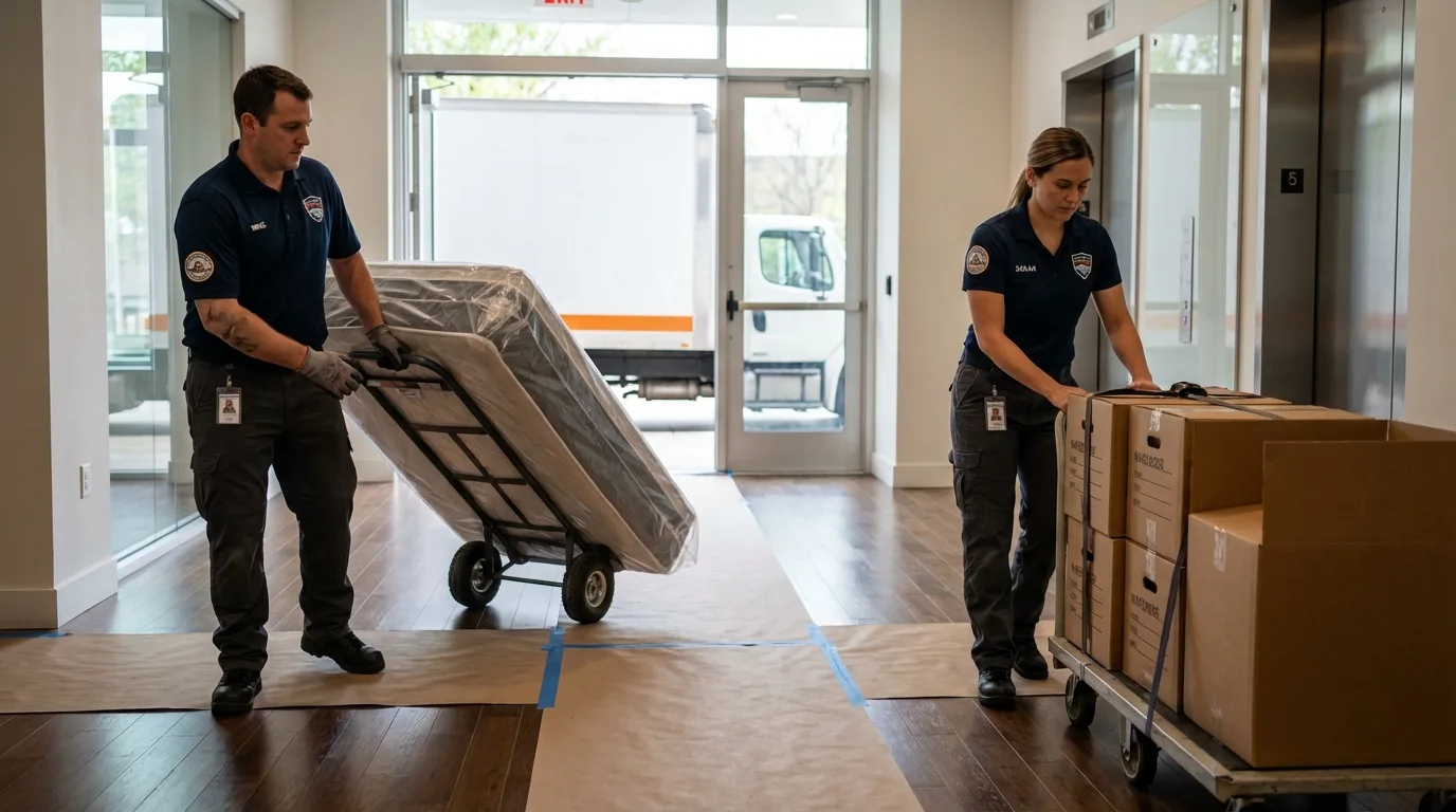 Professional apartment movers loading elevator in Shepherd, MI